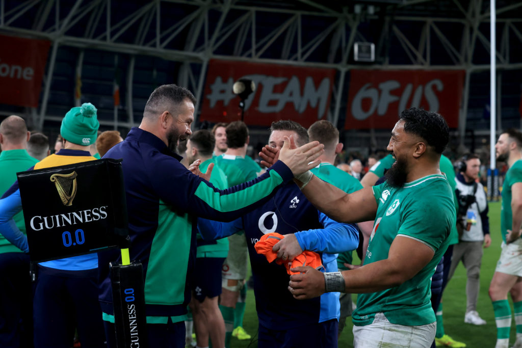 Photo: Liam McBurney/PA via BackpagePix Ireland head coach Andy Farrell and Bundee Aki celebrate following the Guinness Six Nations match at the Aviva Stadium, Dublin. Picture date: Saturday March 16, 2024.