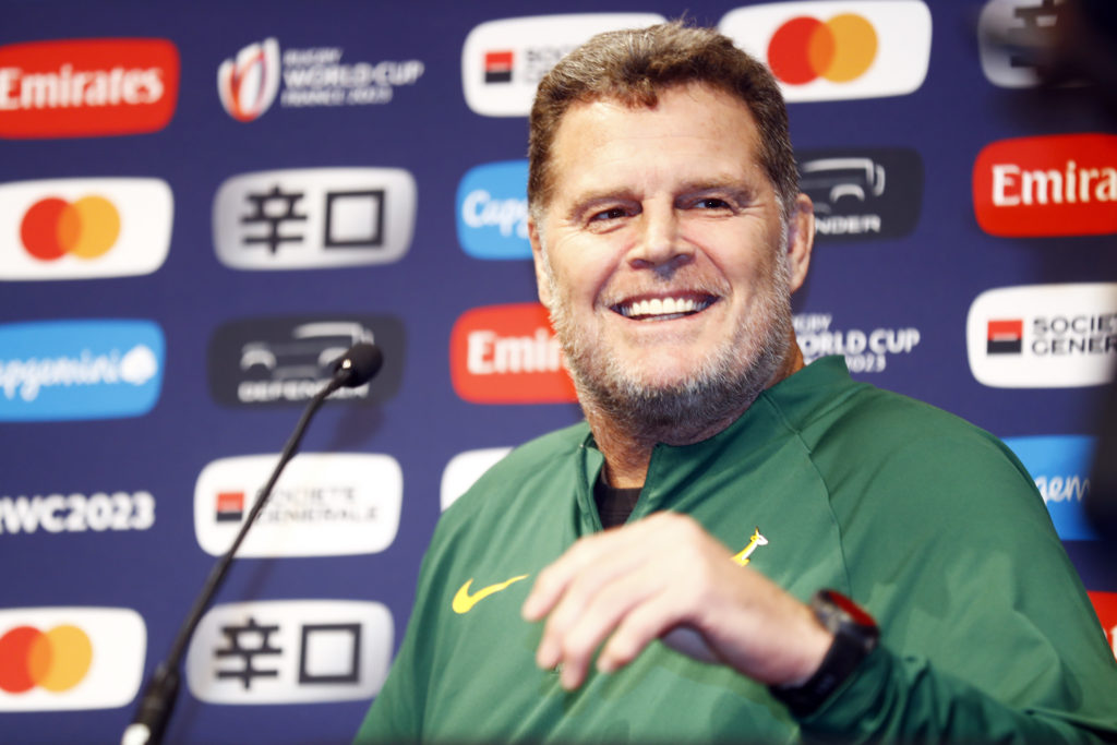 Rassie Erasmus (Director of Rugby) of South Africa during the Rugby World Cup.South Africa Media Briefing.Tuesday 17th October 2023 Stade des Fauvettes Rue de Paris Domont, Île-de-France Photo (Steve Haag Sports)