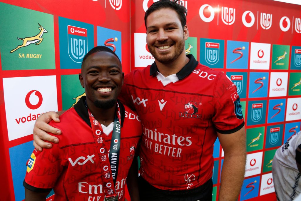 Mandatory Credit: Photo by Steve Haag Sports/INPHO/Shutterstock (14372135b) Emirates Lions vs Hollywoodbets Sharks. BKT URC Player of the match Sanele Nohamba with captain Marius Louw of Emirates Lions BKT United Rugby Championship, Emirates Airlines Park, Johannesburg, South Africa 2/3//2024 - 02 Mar 2024