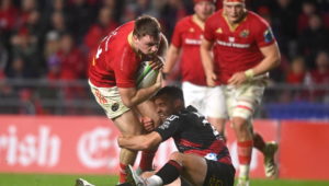 Cork , Ireland - 3 February 2024; Seán O'Brien of Munster is tackled by Ryan Crotty of Crusaders during the international rugby friendly match between Munster and Crusaders at SuperValu Páirc Uí Chaoimh in Cork. (Photo By Sam Barnes/Sportsfile via Getty Images)
