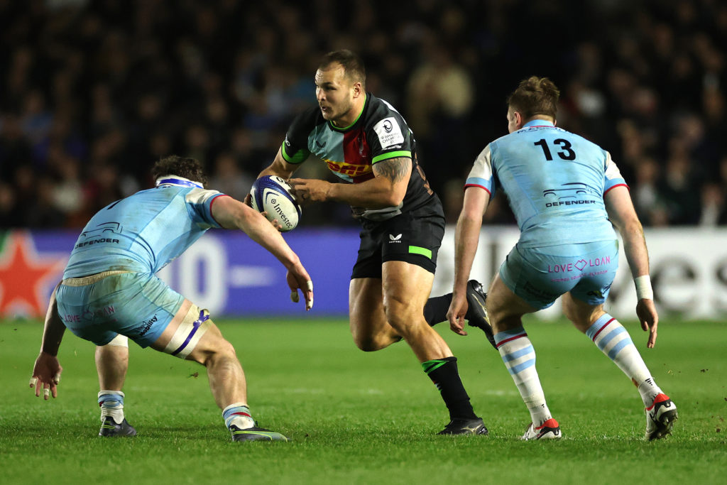 LONDON, ENGLAND - APRIL 05: Andre Esterhuizen of Harlequins charges upfield during the Investec Champions Cup Round Of 16 match between Harlequins and Glasgow Warriors at The Stoop on April 05, 2024 in London, England. (Photo by David Rogers/Getty Images)