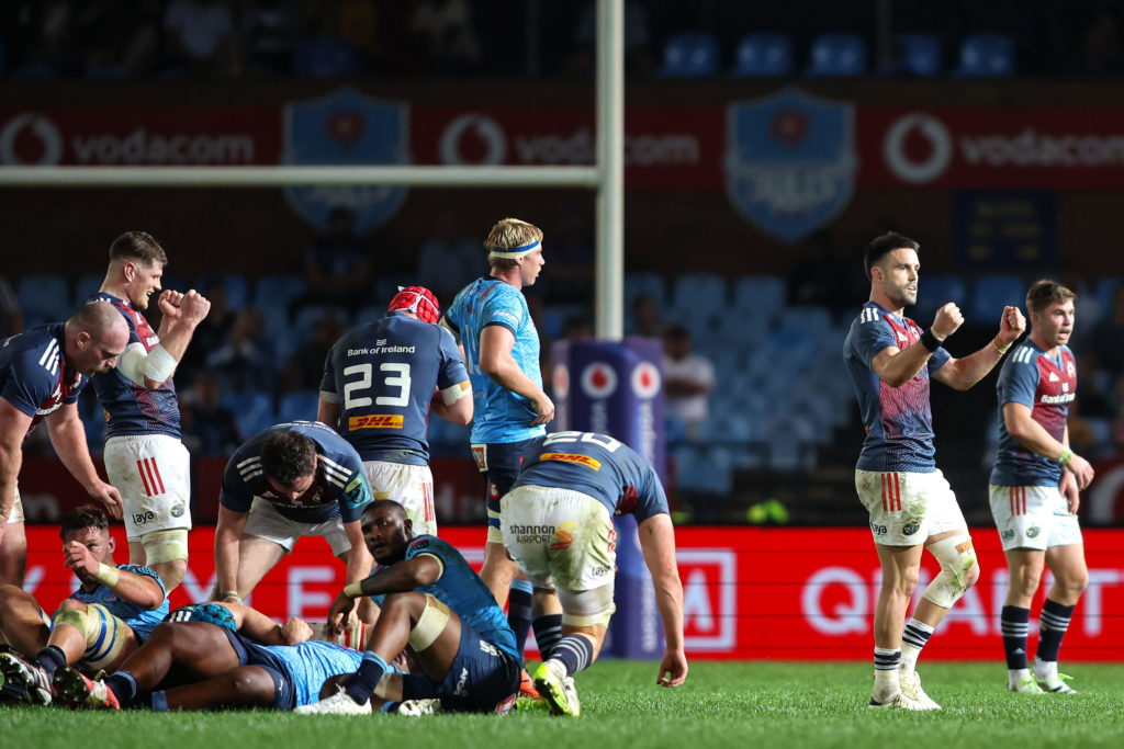Gauteng , South Africa - 20 April 2024; Munster players celebrate beating Vodacom Bulls 22-27 during the United Rugby Championship match between Vodacom Bulls and Munster at Loftus Versfeld Stadium in Pretoria, South Africa. (Photo By Shaun Roy/Sportsfile via Getty Images)