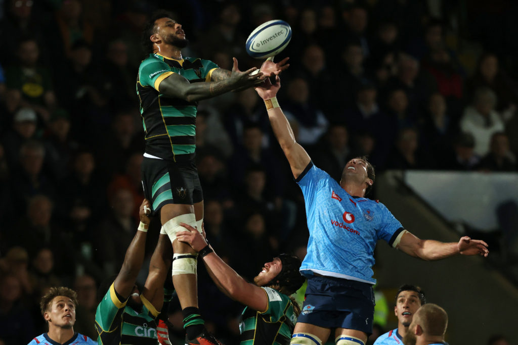 NORTHAMPTON, ENGLAND - APRIL 13: Courtney Lawes of Northampton Saints claims a high ball ahead of Cameron Hanekom of Vodacom Bulls during the Investec Champions Cup Quarter Final match between Northampton Saints and Vodacom Bulls at cinch Stadium at Franklin's Gardens on April 13, 2024 in Northampton, England. (Photo by Paul Harding/Getty Images) (Photo by Paul Harding/Getty Images)