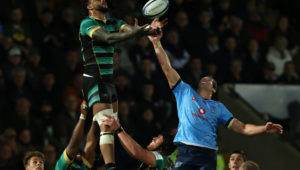 NORTHAMPTON, ENGLAND - APRIL 13: Courtney Lawes of Northampton Saints claims a high ball ahead of Cameron Hanekom of Vodacom Bulls during the Investec Champions Cup Quarter Final match between Northampton Saints and Vodacom Bulls at cinch Stadium at Franklin's Gardens on April 13, 2024 in Northampton, England. (Photo by Paul Harding/Getty Images) (Photo by Paul Harding/Getty Images)