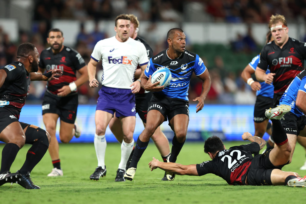 PERTH, AUSTRALIA - APRIL 20: Kurtley Beale of the Force is tackled during the round nine Super Rugby Pacific match between Western Force and Crusaders at HBF Park on April 20, 2024, in Perth, Australia. (Photo by Janelle St Pierre/Getty Images)