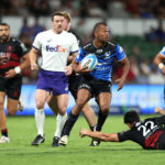 PERTH, AUSTRALIA - APRIL 20: Kurtley Beale of the Force is tackled during the round nine Super Rugby Pacific match between Western Force and Crusaders at HBF Park on April 20, 2024, in Perth, Australia. (Photo by Janelle St Pierre/Getty Images)