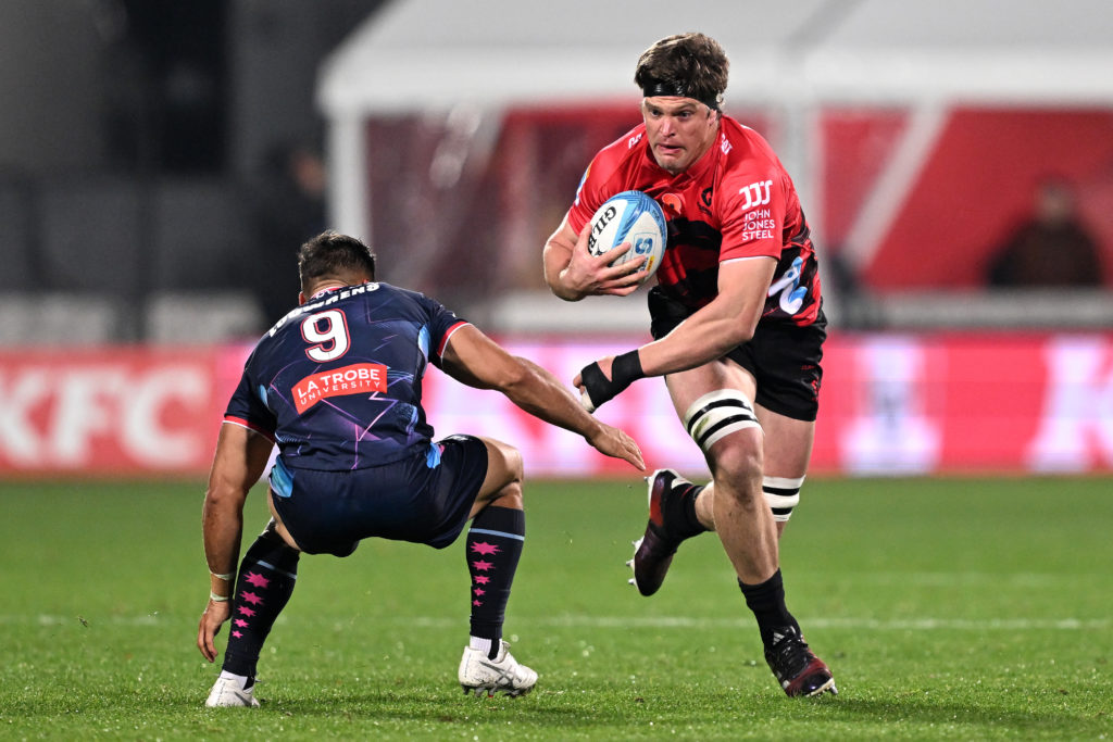 CHRISTCHURCH, NEW ZEALAND - APRIL 26: Scott Barrett of the Crusaders charges forward during the round ten Super Rugby Pacific match between Crusaders and Melbourne Rebels at Apollo Projects Stadium, on April 26, 2024, in Christchurch, New Zealand. (Photo by Joe Allison/Getty Images)