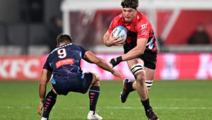 CHRISTCHURCH, NEW ZEALAND - APRIL 26: Scott Barrett of the Crusaders charges forward during the round ten Super Rugby Pacific match between Crusaders and Melbourne Rebels at Apollo Projects Stadium, on April 26, 2024, in Christchurch, New Zealand. (Photo by Joe Allison/Getty Images)