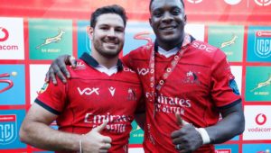 Marius Louw and Emmanuel Tshituka for the Lions