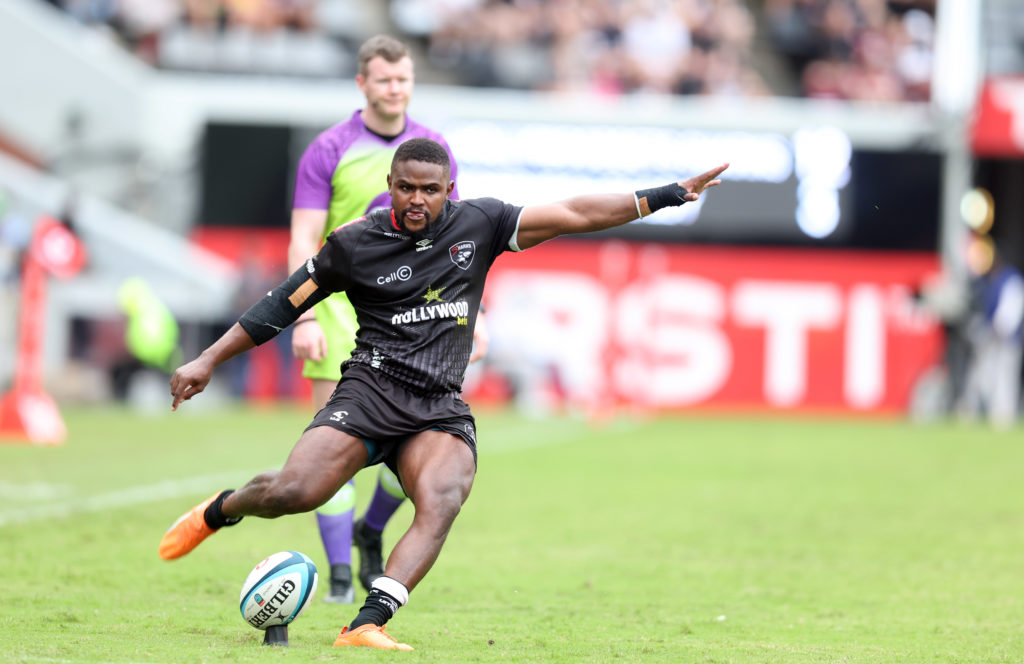 DURBAN, SOUTH AFRICA - MARCH 30: Siya Masuku of the Hollywoodbets Sharks during the United Rugby Championship match between Hollywoodbets Sharks and Edinburgh at Hollywoodbets Kings Park Stadium on March 30, 2024 in Durban, South Africa. (Photo by Steve Haag Sports/Gallo Images)