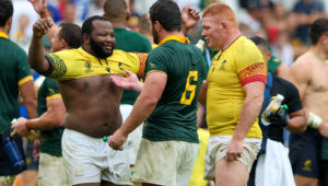 BORDEAUX, FRANCE - SEPTEMBER 17: Ox Nche of South Africa, Marvin Orie of South Africa, Steven Kitshoff of South Africa have traded shirts during the Rugby World Cup France 2023 match between South Africa and Romania at Stade de Bordeaux on September 17, 2023 in Bordeaux, France. (Photo by Hans van der Valk/BSR Agency/Getty Images)