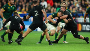 PARIS, FRANCE - OCTOBER 28: Deon Fourie of South Africa is tackled by Ethan de Groot of New Zealand during the Rugby World Cup France 2023 Gold Final match between New Zealand and South Africa at Stade de France on October 28, 2023 in Paris, France. (Photo by Craig Mercer/MB Media/Getty Images)