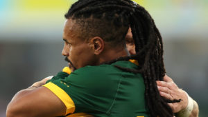 PERTH, AUSTRALIA - JANUARY 26: Ricardo Duarttee and Selvyn Davids of South Africa celebrate winning during the 2024 Perth SVNS men's match between South Africa and Spain at HBF Park on January 26, 2024 in Perth, Australia. (Photo by Paul Kane/Getty Images)
