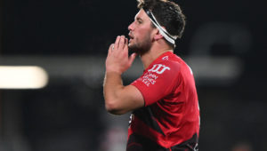 CHRISTCHURCH, NEW ZEALAND - APRIL 26: Quinten Strange of the Crusaders reacts during the round ten Super Rugby Pacific match between the Crusaders and Melbourne Rebels at Apollo Projects Stadium, on April 26, 2024, in Christchurch, New Zealand. (Photo by Kai Schwoerer/Getty Images)