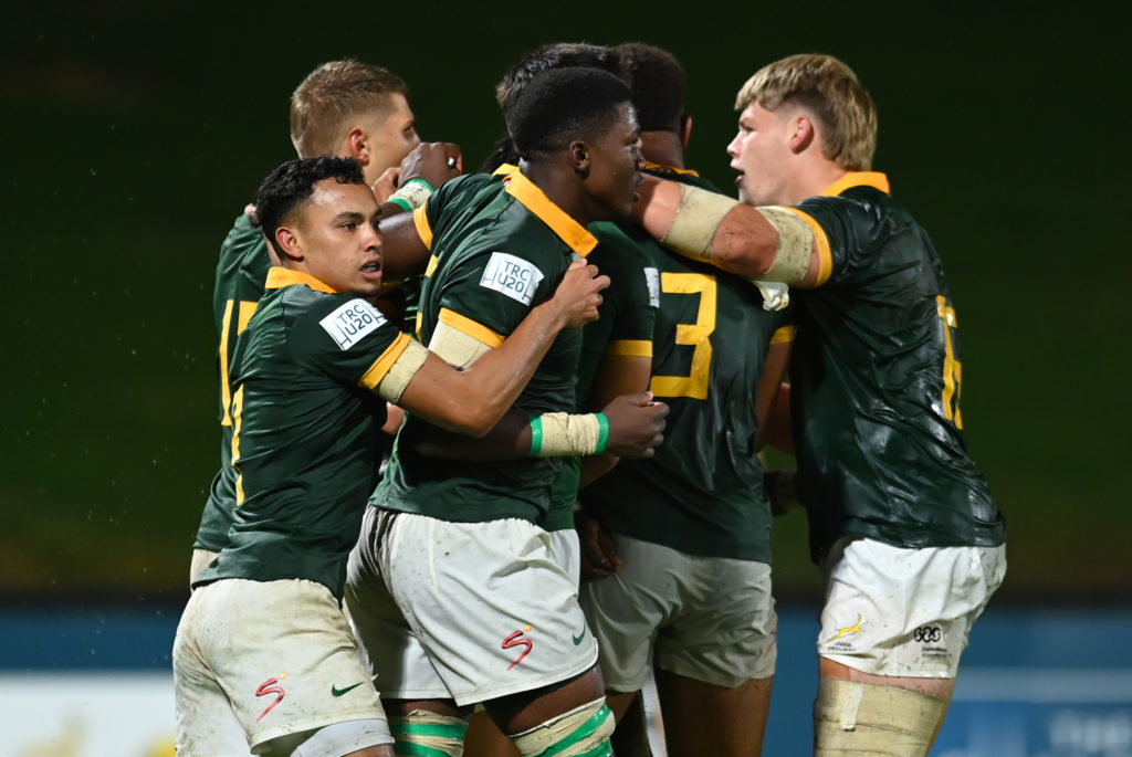 SUNSHINE COAST, AUSTRALIA - MAY 02: South Africa celebrate a try by Joel Leotlela during The Rugby Championship U20 Round 1 match between New Zealand and South Africa at Sunshine Coast Stadium on May 02, 2024 in Sunshine Coast, Australia. (Photo by Albert Perez/Getty Images)