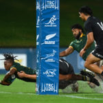 SUNSHINE COAST, AUSTRALIA - MAY 02: Joel Leotlela of South Africa scores a try during The Rugby Championship U20 Round 1 match between New Zealand and South Africa at Sunshine Coast Stadium on May 02, 2024 in Sunshine Coast, Australia. (Photo by Albert Perez/Getty Images)