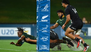 SUNSHINE COAST, AUSTRALIA - MAY 02: Joel Leotlela of South Africa scores a try during The Rugby Championship U20 Round 1 match between New Zealand and South Africa at Sunshine Coast Stadium on May 02, 2024 in Sunshine Coast, Australia. (Photo by Albert Perez/Getty Images)