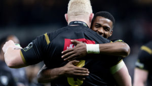 LONDON, ENGLAND - MAY 24: Grant Williams of Sharks and Vincent Koch of Sharks in a hug after their sides victory during the EPCR Challenge Cup Final match between Gloucester Rugby and Hollywoodbets Sharks at Tottenham Hotspur Stadium on May 24, 2024 in London, England.(Photo by Gaspafotos/MB Media/Getty Images)