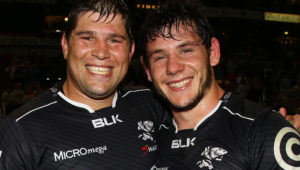 DURBAN, SOUTH AFRICA - JUNE 13: Willem Alberts with Marcell Coetzee of the Cell C Sharks during the Super Rugby match between Cell C Sharks and DHL Stormers at Growthpoint Kings Park on June 13, 2015 in Durban, South Africa. (Photo by Steve Haag/Gallo Images)