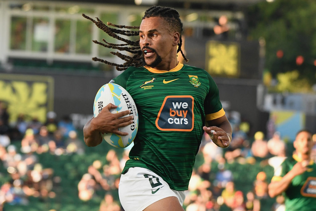 PERTH, AUSTRALIA - JANUARY 26: Selvyn Davids of South Africa during day 1 of the 2024 Perth SVNS match between South Africa and Spain at HBF Park on January 26, 2024 in Perth, Australia. (Photo by David Van Der Sandt/Gallo Images)