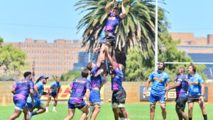 CAPE TOWN, SOUTH AFRICA - FEBRAURY 27: Connor Evans wins the line out during the DHL Stormers Training Session at High Performance Centre on February 27, 2024 in Cape Town, South Africa. (Photo by Grant Pitcher/Gallo Images)