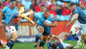 PRETORIA, SOUTH AFRICA - APRIL 20: Wilco Louw of the Vodacom Blue Bulls charging through during the United Rugby Championship match between Vodacom Bulls and Munster at Loftus Versfeld on April 20, 2024 in Pretoria, South Africa. (Photo by Gordon Arons/Gallo Images)