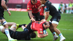 JOHANNESBURG, SOUTH AFRICA - MAY 18: PJ Botha of the Lions during the United Rugby Championship match between Emirates Lions and Glasgow Warriors at Emirates Airline Park on May 18, 2024 in Johannesburg, South Africa. (Photo by Lee Warren/Gallo Images)